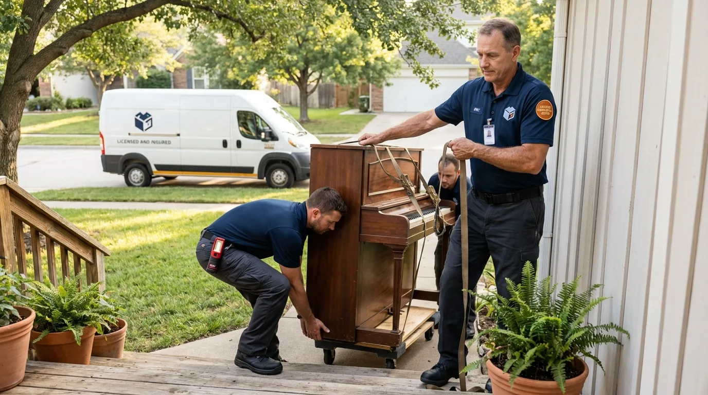 Licensed piano movers securing grand piano in Lake Lure, NC