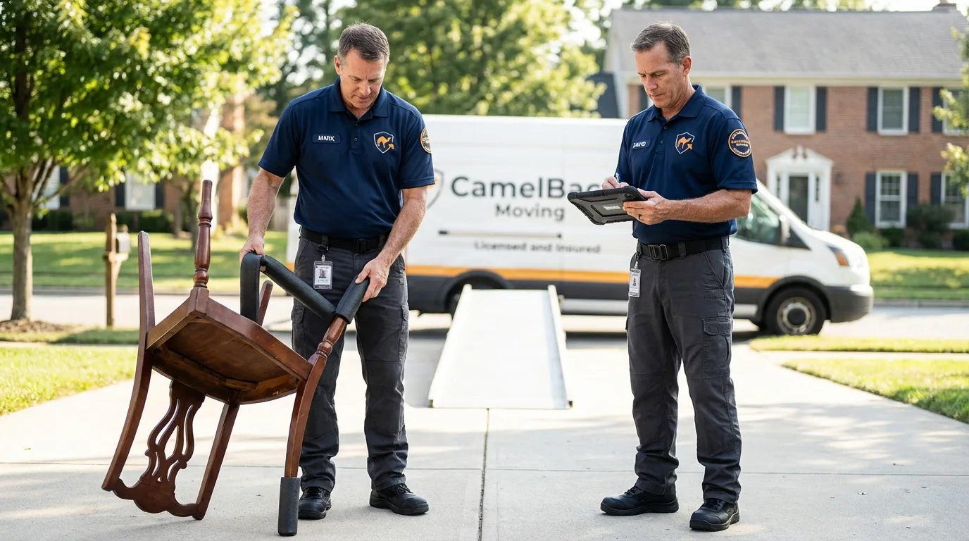 Movers inspecting furniture for damage prevention before loading in Lake Lure, NC