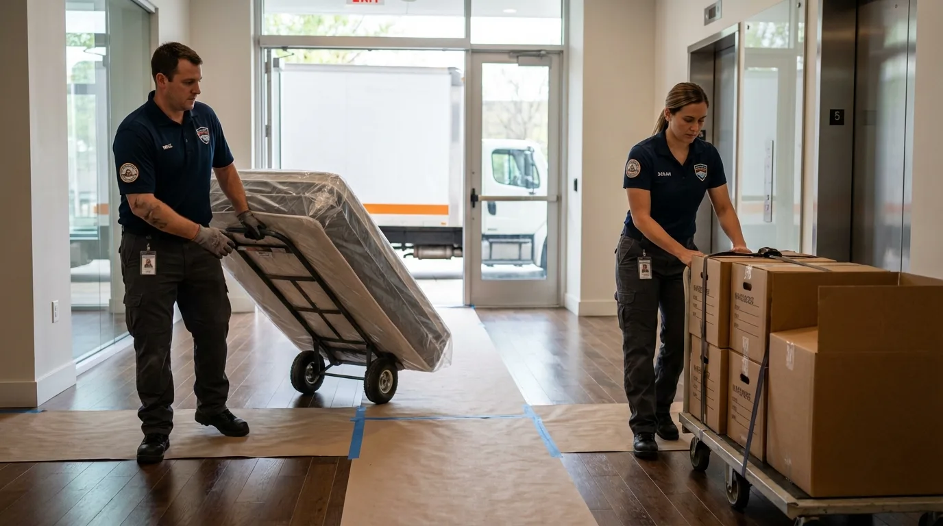 Professional apartment movers loading elevator in Lake Lure, NC