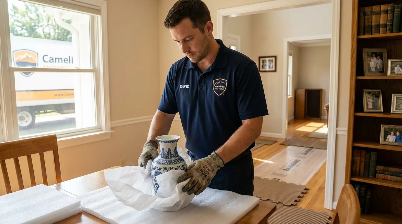 Professional crew carefully wrapping antique vase for senior downsizing move in Lake Lure, NC